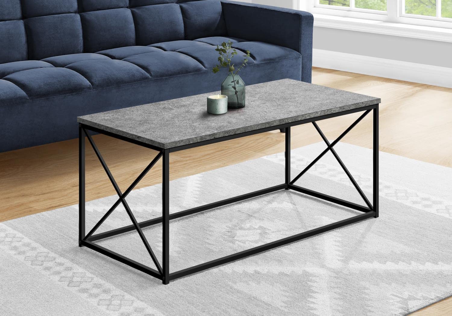 Monarch Specialties 3785 Coffee Table, Accent, Cocktail, Rectangular, Living Room, 40" L, Metal, Laminate, Contemporary, Modern Table-40 L/Grey Stone-Look/Black, 40.5" L x 20" W x 18" H